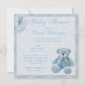 Blue Teddy Bear & Flowers Boy Baby shower Kaart (Achterkant)