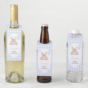 Blue Teddy Bear Gingham Bow Baby Boy Shower Flessenhanger
