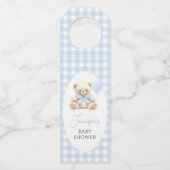 Blue Teddy Bear Gingham Bow Baby Boy Shower Flessenhanger (Voorkant)