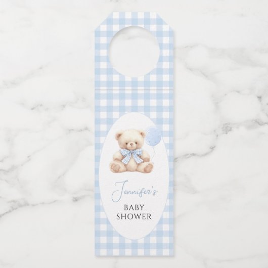 Blue Teddy Bear Gingham Bow Baby Boy Shower Flessenhanger (Voorkant)