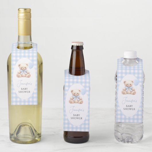 Blue Teddy Bear Gingham Bow Baby Boy Shower Flessenhanger (In situ)