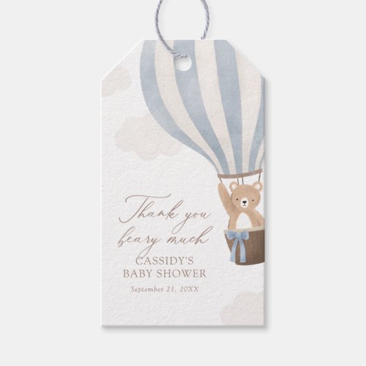 Blue Teddy Bear Hot Air Ballon Baby shower Cadeaulabel (Voorkant)