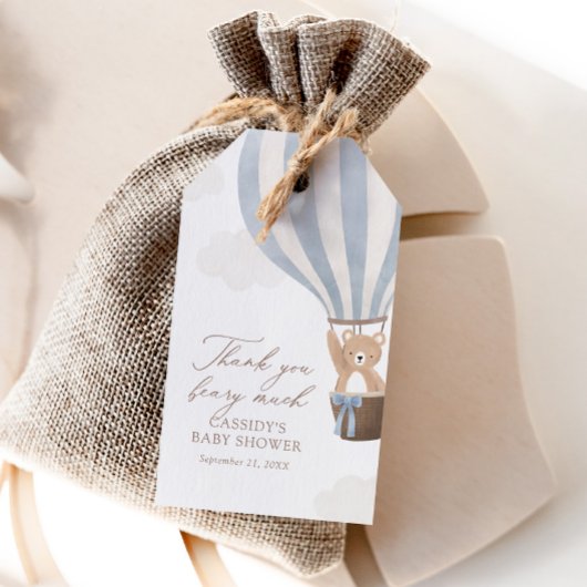 Blue Teddy Bear Hot Air Ballon Baby shower Cadeaulabel