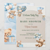 Blue Teddy Bear Hot Air Ballon Baby shower Kaart (Voorkant / Achterkant)
