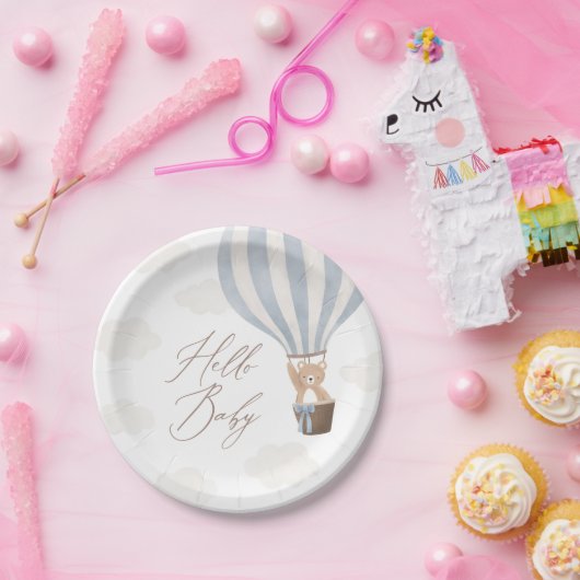 Blue Teddy Bear Hot Air Ballon Baby shower Papieren Bordje (Feest)