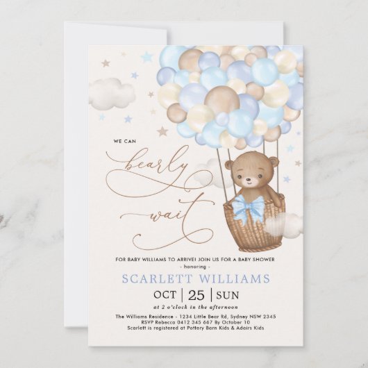 Blue Teddy Bear Hot Air ballons Boy Baby shower Kaart (Voorkant)
