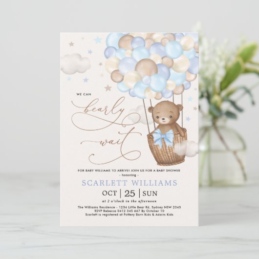 Blue Teddy Bear Hot Air ballons Boy Baby shower Kaart (Staand voorkant)