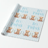 Blue Teddy Bear It's Twins Typography Baby shower Cadeaupapier (Uitgerold)