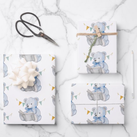 Blue Teddy Bear leest een boek Baby shower Inpakpapier Vel (Voorkant)