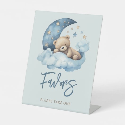Blue Teddy Bear Moon Baby shower Favorieten Reclamebord Met Voetstuk (Voorkant)