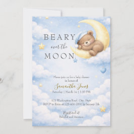 Blue Teddy Bear Moon Baby Shower Invitation Kaart