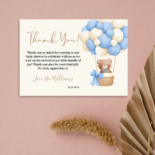 Blue Teddy Bear Oh Boy Balloon Baby shower Bedankkaart