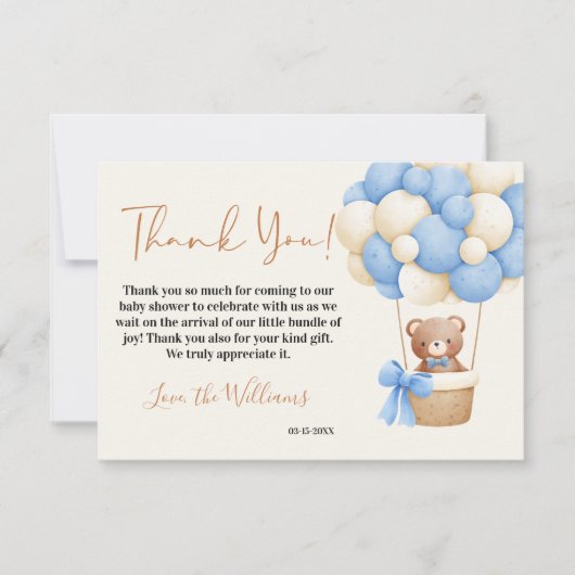 Blue Teddy Bear Oh Boy Balloon Baby shower Bedankkaart (Voorkant)