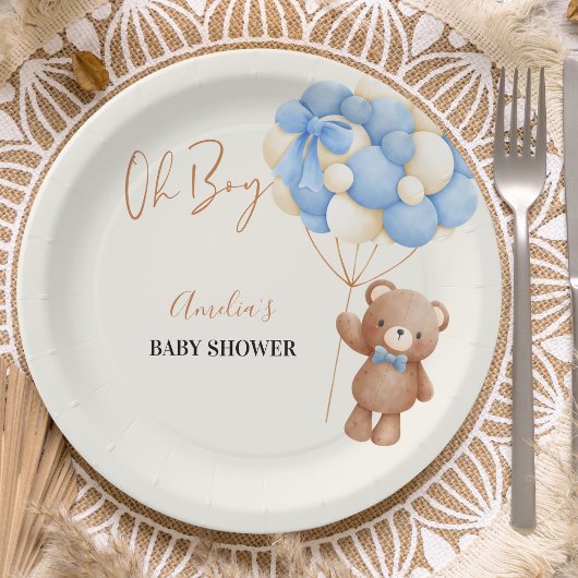 Blue Teddy Bear Oh Boy Balloon Baby shower Papieren Bordje