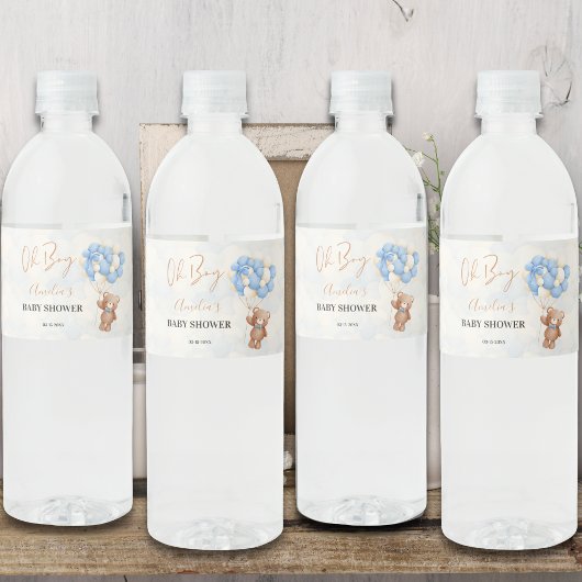 Blue Teddy Bear Oh Boy Balloon Baby shower Waterfles Etiket