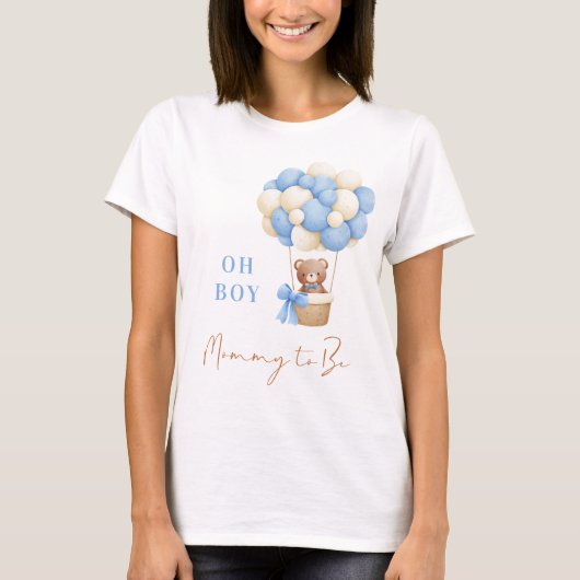 Blue Teddy Bear Oh Boy Balloon Mama To Be Baby T-shirt (Voorkant)