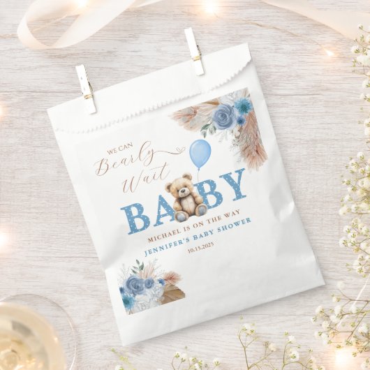Blue Teddy Bear Pampas & Florals Baby Shower  Bedankzakje (Geknipt)