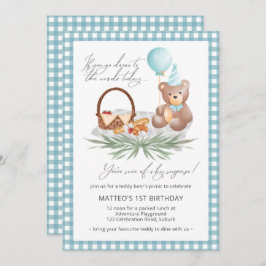 Blue Teddy Bear Picnic First Birthday Balloons Kaart