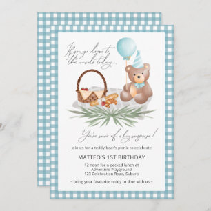 Blue Teddy Bear Picnic First Birthday Balloons Kaart