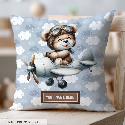 Blue Teddy Bear Pilot Baby Boy Pillow Custom Name Kussen