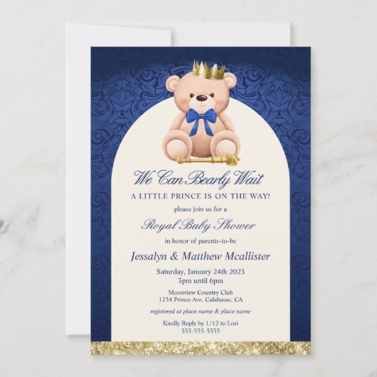 Blue Teddy Bear Prince Baby shower Kaart (Voorkant)