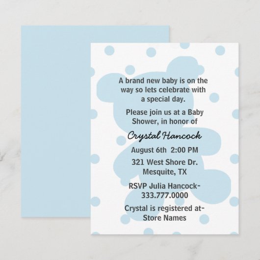 Blue Teddy Bear Silhouette Baby shower Invitation Kaart (Voorkant / Achterkant)