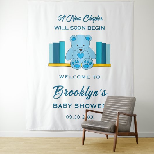 Blue Teddy Bear Storybook Baby shower Achtergrond Wandkleed (In situ)