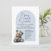 Blue Teddy Bear Theme Waterverf Eerste verjaardag Kaart (Staand voorkant)