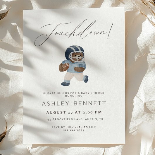Blue Teddy bear Touchdown Football Baby Shower Kaart