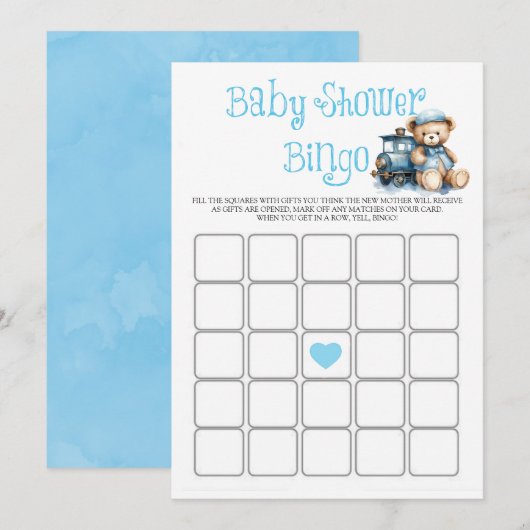 Blue Teddy Bear Train Boy Baby shower Bingo Kaart (Voorkant / Achterkant)