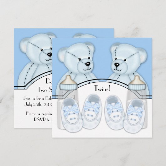 Blue Teddy Bear Twin Boys Baby shower Kaart (Voorkant / Achterkant)