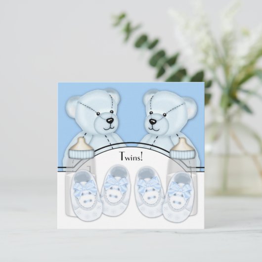 Blue Teddy Bear Twin Boys Baby shower Kaart (Staand voorkant)