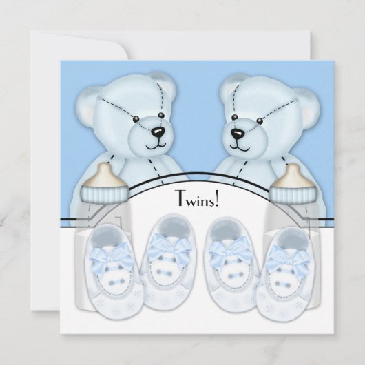 Blue Teddy Bear Twin Boys Baby shower Kaart (Voorkant)