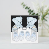 Blue Teddy Bear Twin Boys Baby Shower Uitnodiginge Kaart (Staand voorkant)