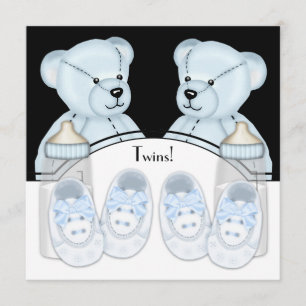 Blue Teddy Bear Twin Boys Baby Shower Uitnodiginge Kaart