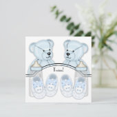 Blue Teddy Bear Twin Boys Baby Shower Uitnodiginge Kaart (Staand voorkant)