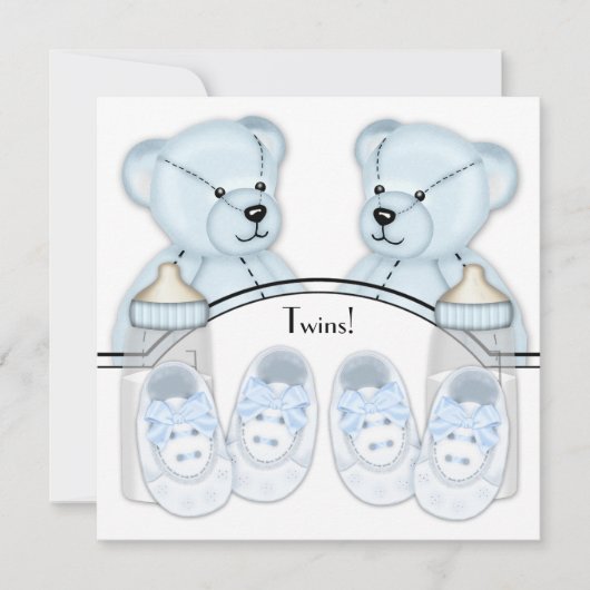 Blue Teddy Bear Twin Boys Baby Shower Uitnodiginge Kaart (Voorkant)