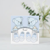 Blue Teddy Bear Twin Boys Baby Shower Uitnodiginge Kaart (Staand voorkant)