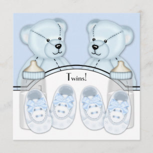 Blue Teddy Bear Twin Boys Baby Shower Uitnodiginge Kaart