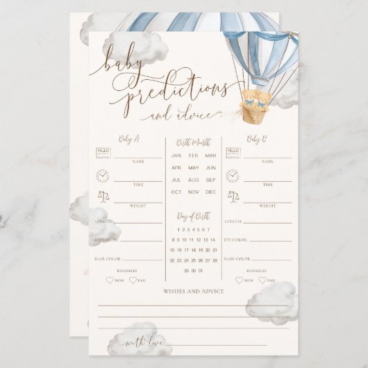 Blue Teddy Bear Twins Baby Predictions Game (Voorkant / Achterkant)