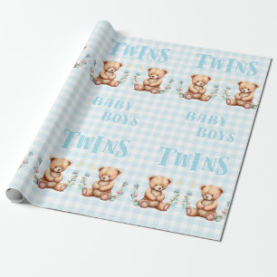 Blue Teddy Bear Twins Typography Baby shower Cadeaupapier