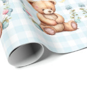 Blue Teddy Bear Twins Typography Baby shower Cadeaupapier (Rol Hoek)