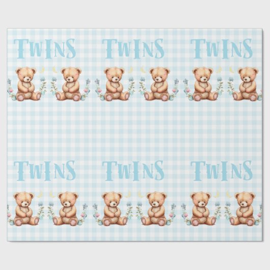 Blue Teddy Bear Twins Typography Baby shower Cadeaupapier (Vlak)
