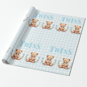 Blue Teddy Bear Twins Typography Baby shower Cadeaupapier