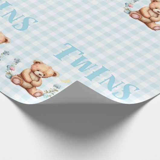 Blue Teddy Bear Twins Typography Baby shower Cadeaupapier (Hoek)