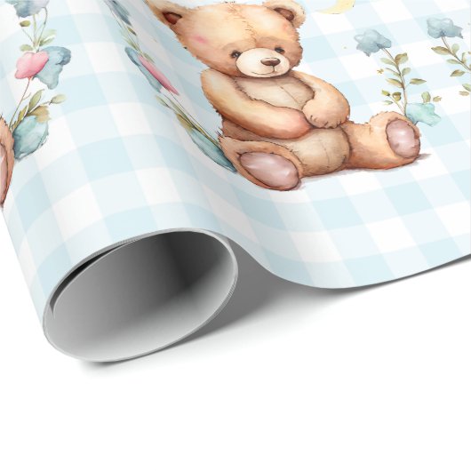 Blue Teddy Bear Twins Typography Baby shower Cadeaupapier (Rol Hoek)