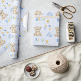 Blue Teddy Bear Waterverf Baby shower Cadeaupapier