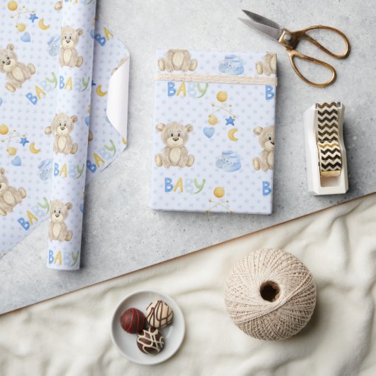 Blue Teddy Bear Waterverf Baby shower Cadeaupapier (Crafts)
