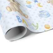 Blue Teddy Bear Waterverf Baby shower Cadeaupapier (Rol Hoek)