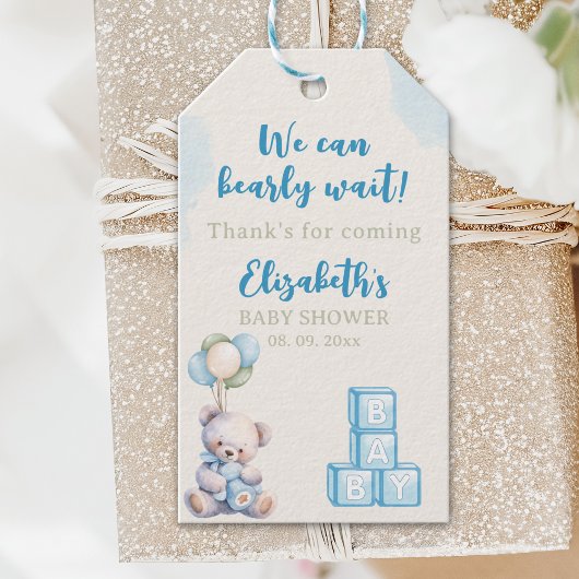 Blue Teddy Bear "We Can Bearly Wait" Baby Shower Cadeaulabel